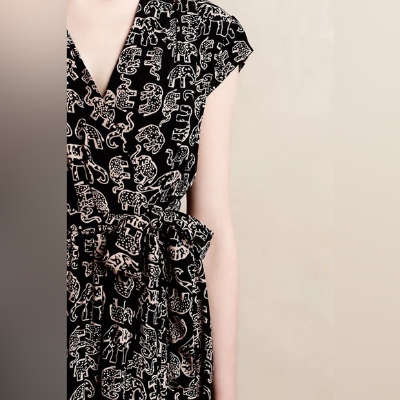 Anthropologie Maeve Noronha Wrap Dress Elephant Safari Novelty Print Black Sz M - Picture 13 of 15